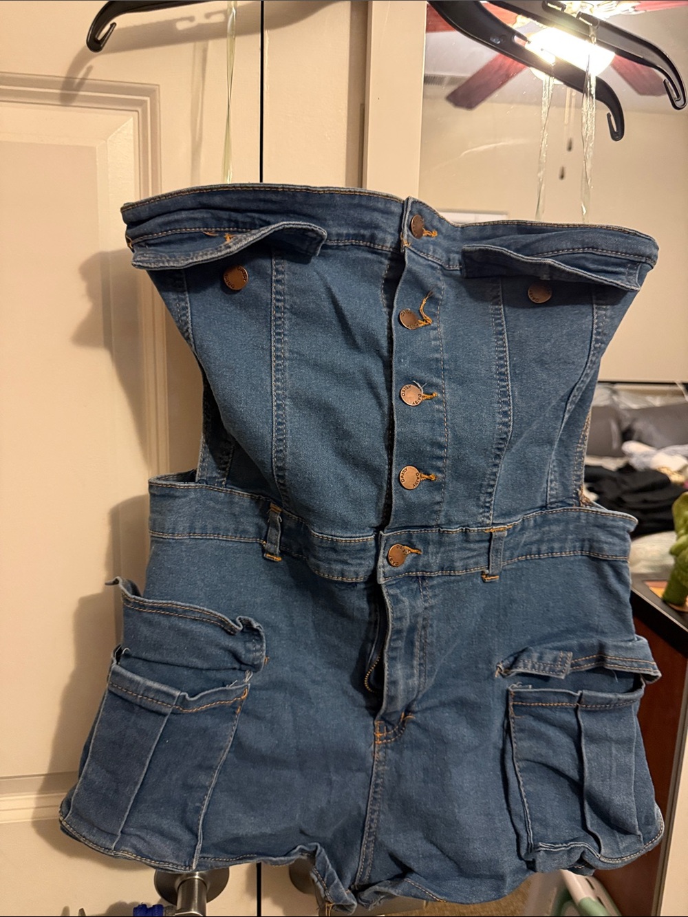 Denim Strapless Button-Front Romper in Medium Blue